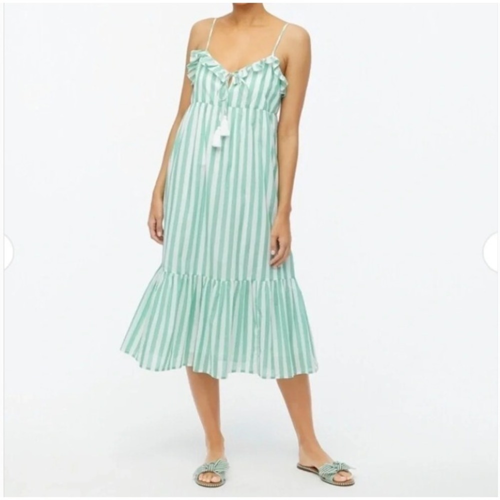 J.Crew Ruffle Tiered Midi Cover-Up Dress Mint Green White Stripe Tassel Cotton M